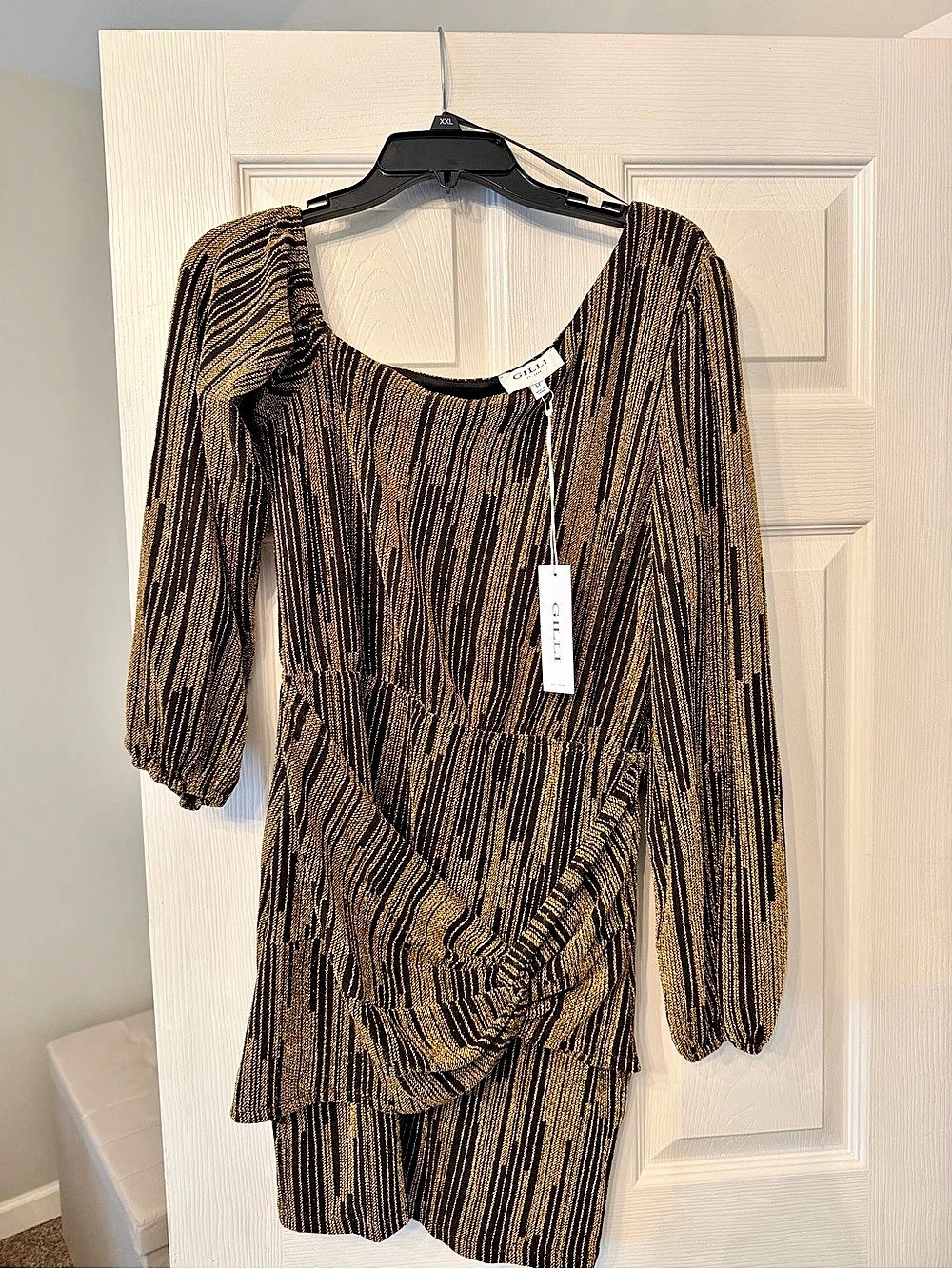 Gilli Striped Mini Dress Black & Gold Medium NWT